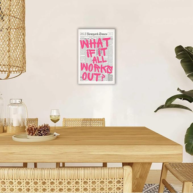 Drimiler Retro Newspaper Pink Font Poster What If It All Works Out Canvas Wall Art Positive Affirming Quote Minimalist Prints Painting For Home Bedroom Dorm Wall Decor 24x36in Wframed