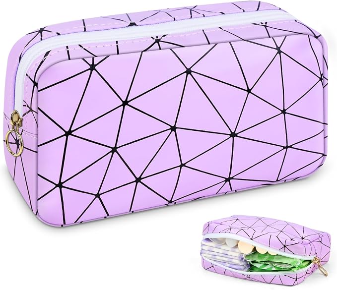 Tampon Holder for Purse Period Bag Waterproof Geometric PU Sanitary Napkin Storage Bag Portable Menstrual Cup Pad Pouch Cute Makeup Bag Feminine Gift Purple