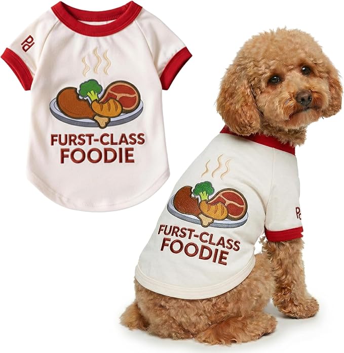 Parisian Pet Dog Furst Class Foodie Shirt - Embroidered Pet Vest - 100% Cotton & Polyester Doggy Shirt - Lightweight Pet Clothes - Sleeved Puppy Costume - Funny Shirts for Large Dogs - L