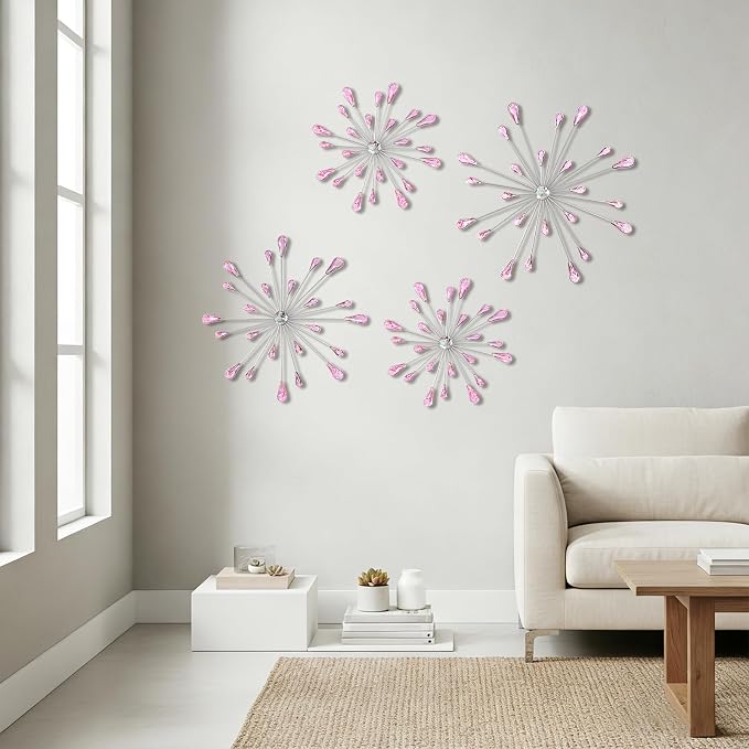 ZEXUIRU 4 Set Silver Starburst Wall Art for Home Decor Metal Bling Crystal Rhinestones Sunburst Wall Decor Sparkling Rhinestone Art Accent -Pink 13in/11.8in/9.8in/9.8in