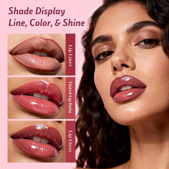 3PCS Lip Combo Set - Matte Lip Liner Pencil + Hydrating Tinted Lip Balm + Juicy Lip Gloss Tint, Non-Sticky, Long-Lasting, High Pigment Lip Makeup Kit (Juicy Plum Set)