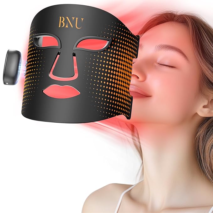 BNU Wireless Led Face Mask Light Therapy, 4 Modes Red Light Therapy for Face with 400 LED Beads, Dual 1000mAh Remote Control, 850NM Infrared Red Light Therapy for Anti-Aging at Home & Travel