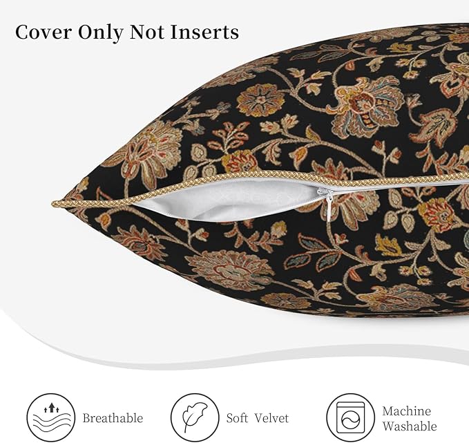 Vintage Tapestry Velvet Pillow Covers 16x16 In Black Brown Bohemian Boho Carpet Throw Pillows for Couch Soft Cushion Covers Pillowcase Rustic Retro Rug Pillow Cases for Sofa Bed Living Room Outdoor