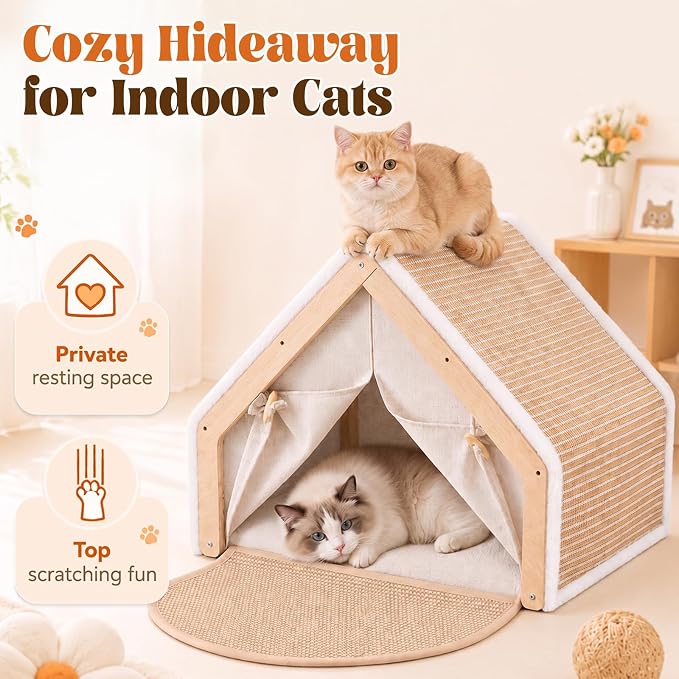 SATINIOR Cat Houses for Indoor Cats with Scratcher Board, Sturdy Wood Frame Cat Bed Cave with Curtains and Floor Scratching Pad Rug, Protect Couch and Carpets
