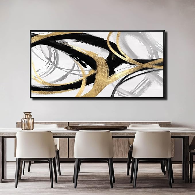 Abstract Wall Art Pictures for Living Room Gold Wall Decor Line Art for Bedroom Kitchen Home Office Decoration Framed Art 24"x48"