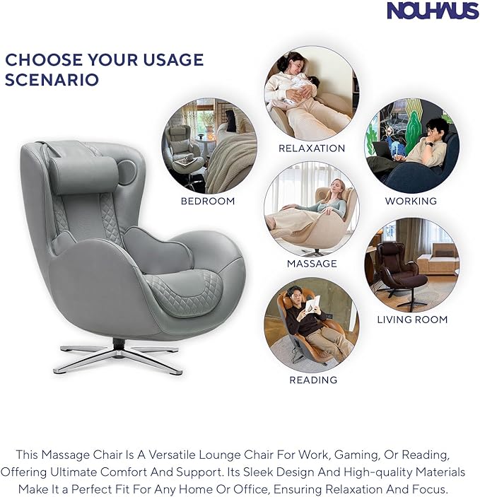 Nouhaus Heated Classic Massage Chair with Ottoman – Full Body & Spot Shiatsu Massager, Recliner with Bluetooth Speaker & in-Chair Charger – Portable & Ergonomic Design
