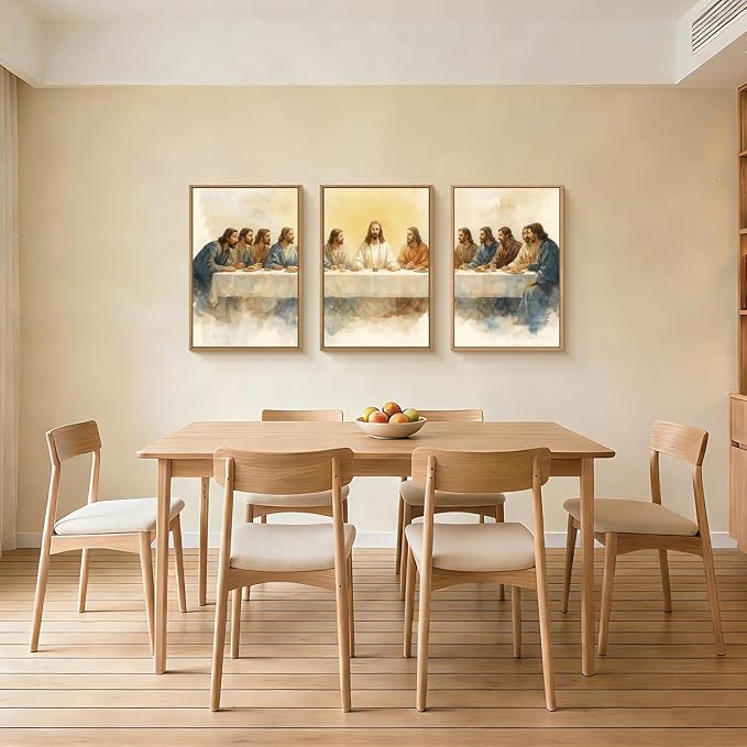 FWIEXA Jesus Last Supper Canvas Wall Art Set 3, Framed Easter Christian Decor Painting, Religious Boho Prints , Bible Watercolor Artwork, 24x36In Verse Scripture Pictures for Living Room,Bedroom,Prayer Room