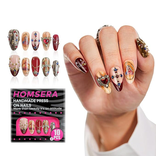 Handmade Press On Nails Almond, Luxury French Tips 3D Divine Ornate Design Short Fake Nails, Salon-Quality Reusable, Fall/Winter Gift for Women, 10Pcs