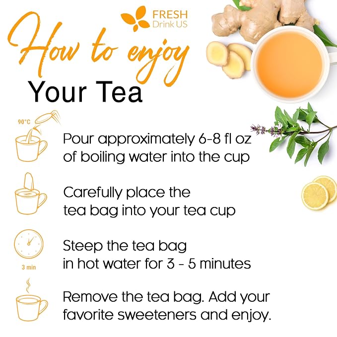 FreshDrinkUS, Premium 75 Tulsi Lemon Ginger Tea Bags, 100% Natural & Pure from Tulsi Holy Basil Leaves, Lemon and Ginger. Made with Natural Material Tea Bags. No Sugar, No Caffeine, Vegan.