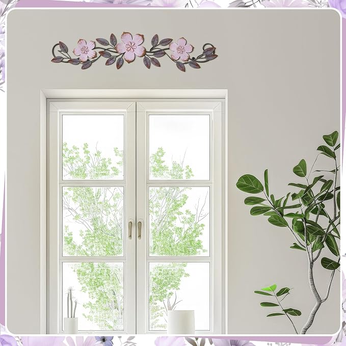 Wesiti Metal Flower Wall Decor Vintage Metal Flower Wrought Iron Scroll Sculpture 15.7''x3.7'' Not 3D, Flat Farmhouse Leaf Wall Decor with Nails for Summer Bedroom Kitchen Indoor Outdoor(Purple)