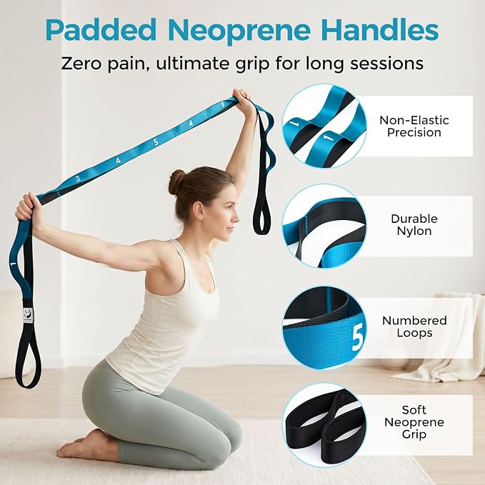 Slim Panda Stretching Strap with Loops - Non-Elastic Heavy Duty Nylon Yoga & PT - Oversized Multi-Loop Home Rehab - Hamstring Shoulder Pilates Flexibility