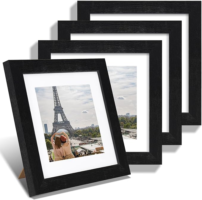 Hongkee 8x8 Picture Frames Set of 4, Made of Glass and Rustic Black Wooden Frame - Display Picture 6x6 with Mat or 8 x 8 Without Mat, 8 by 8 Photo for Wall or Tabletop