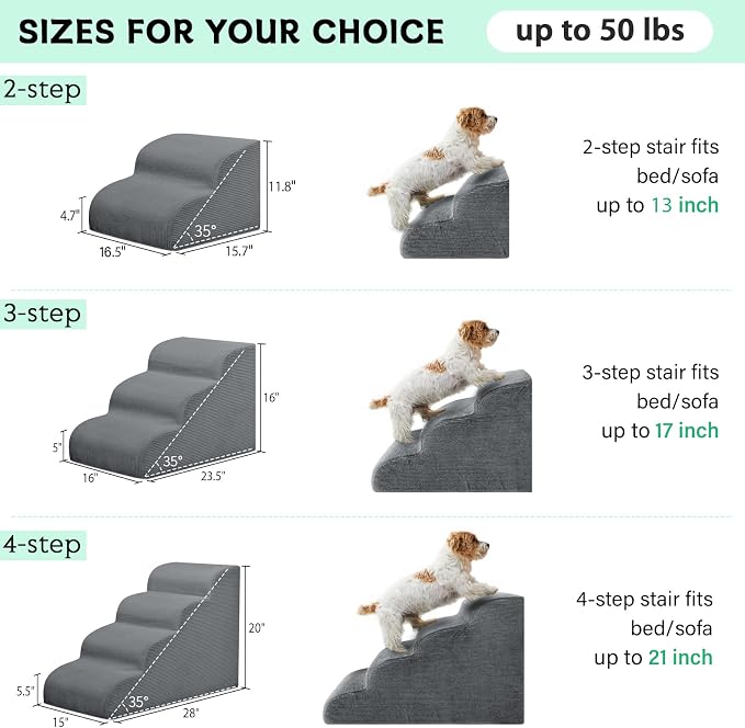 Mesa Lemon 3 Step Dog Stairs Pet Ramp for High Beds, Sofas and Cars | High Density Foam, Non-Slip Bottom, Removable Washable Cover, Portable Handle, Holds Up to 50 lbs, 16 Inch Height