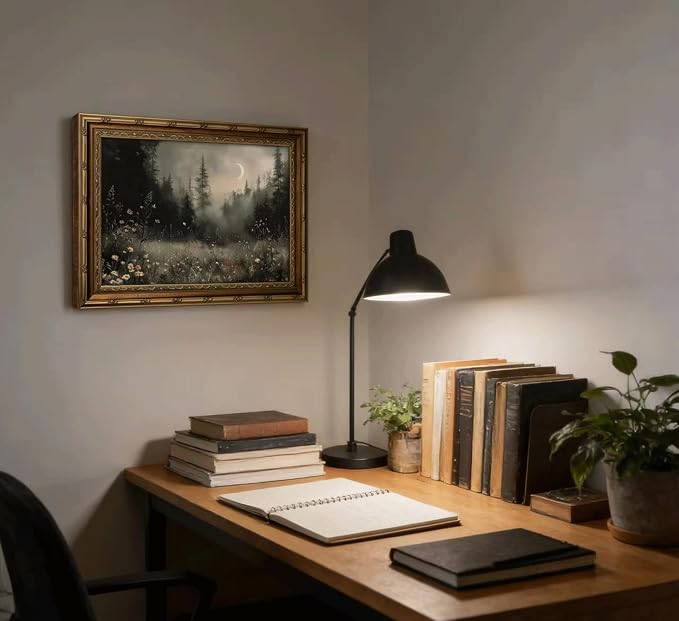 Vintage Gold Framed Moonlit Forest Wall Art Crescent Moon Forest Wildflower Gothic Canvas Print Dark Moody Moon Botanical Flowers Wall Decor Rustic Nature Night Landscape Poster Artwork for Offices