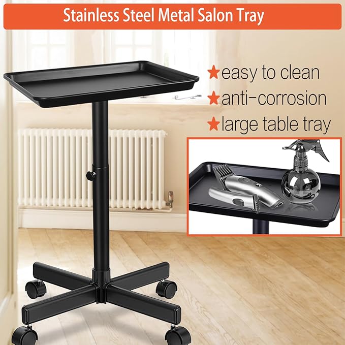 Salon Tray on Wheels,Height Adjustable Rolling Beauty Trolley Cart,Professional Salon Equipment for Barbershop/Spa/Home Use Black