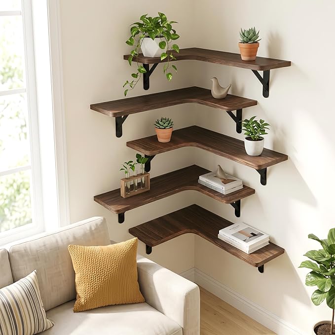 Fixwal Conner Floating Shelves for Wall Decor, Dark Carbonized Black 5pcs | Solid wood shelf with metal brackets, holds 40 lbs. Optimizes corner storage. Fits bathroom, kitchen, bedroom & living room.