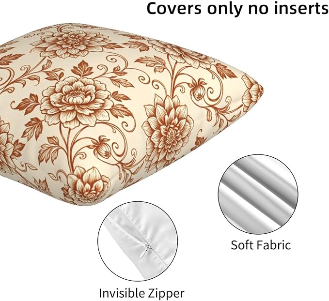 Terracotta Brown Floral Toile Pillow Covers 18x18 Set of 2, Vintage Dahlia & Peony Throw Pillow Covers Outdoor Decorative Pillow Case for Couch Bed Sofa Cushion Home Decor