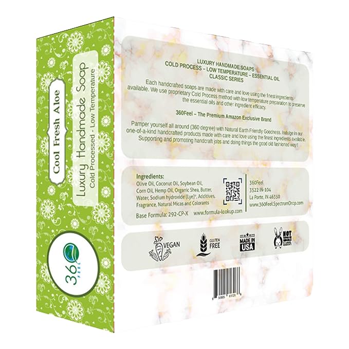 360Feel Cool Fresh Aloe Soap - Made in the USA - Castile Handmade, All-Natura,l Cold-Processed - Infused with Aloe Vera for Refreshing Cleanse and Creamy Rich Lather (5 oz)