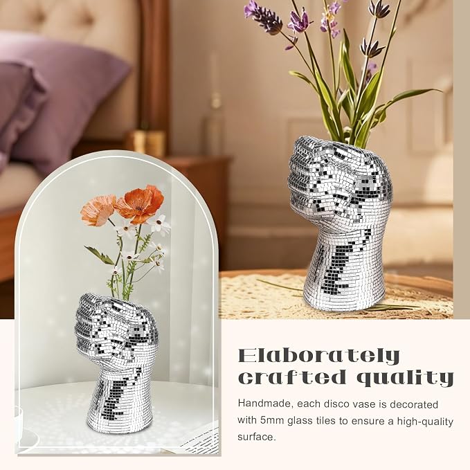 1Pcs Fist Shape Disco Vase, Silver Mirror Finish Fist Shape Design Disco Ball Planter, Home Living Room Balcony Study Desk Party Decor.