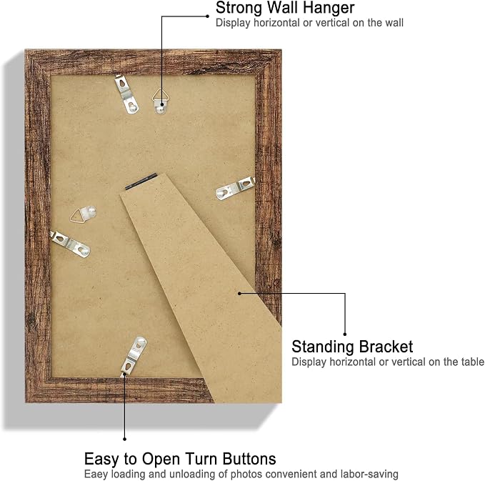 Hongkee 6x9 Picture Frame Set of 4, Made of Real Glass and Rustic Brown Wooden Frame - 6 by 9 Photo for Wall or Tabletop Display