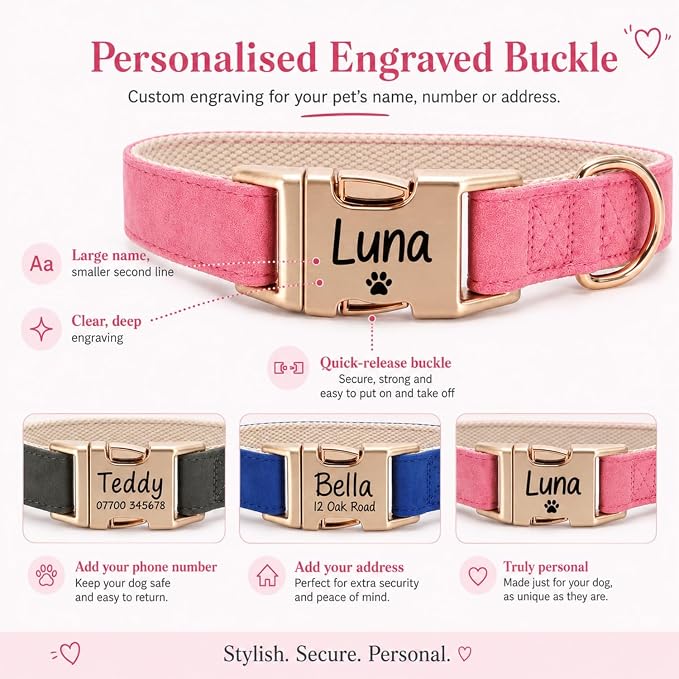 Engraved Buckle Dog Collar, Personalized PU Leather Collar with Name and Phone Number, Soft Breathable Lined Adjustable Pet ID Collar for Puppies Small Medium Large Dogs, Custom Dog Collar