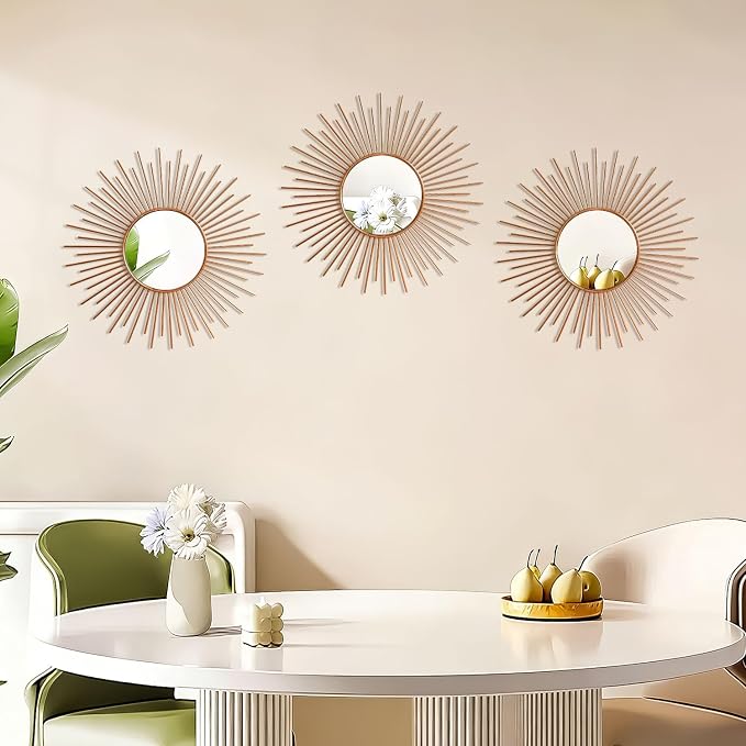 3 Pack Metal Mirrors for Wall Sunburst Wall Mirrors Home Décor Decorative Hanging Wall Art for Living Room Bedroom Entryway (Rose Gold2, Sunburst)