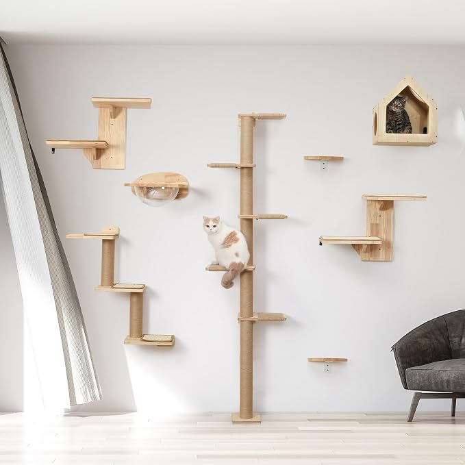 FUKUMARU Cat Wall Shelves, 2 Platform Kitten Wall Furniture, Tree Shape Wall-Mounted Floating Shelf with Sisal Mat, Solid Rubber Wood Cats Perch for 16 Inch Drywall, Suitable for Climb, Play, Nap | Floating Shelf Kitten Furniture, Solid Rubber Wood Cat...