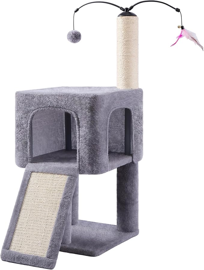 32" Cat Tree for Indoor Cats, 2-in-1 Cat House with Sisal Scratching Post & Ramp, 2-Level Cat Tower with Rotatable Feather & Ball Toys, Stable Grey Cat Condo for Small/Medium Cats, Grey