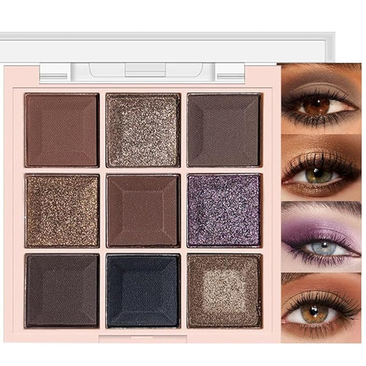 9 Colors Smoky Matte Shimmer Eyeshadow Palette for Women, Nude Rose Gold Light Medium Gray Wine Brown Purple, High Pigmented Primers Powder Palet de sombras de ojos (9 Colors-Dark Brown Purple)