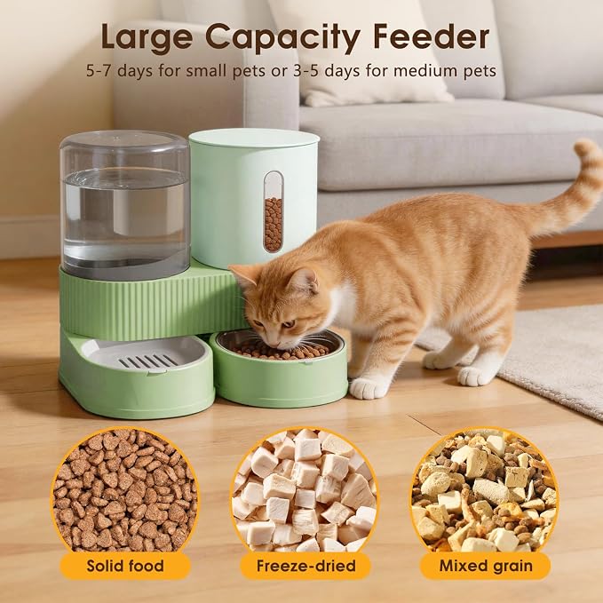 2 in 1 Automatic Gravity Cat Dog Feeder and Water Dispenser with 304 Stainless Steel Bowls, 360 Degree Rotatable Auto Food with 2 Specialized Brushes for Small Medium Pet Dog Puppy Kitten (Green)