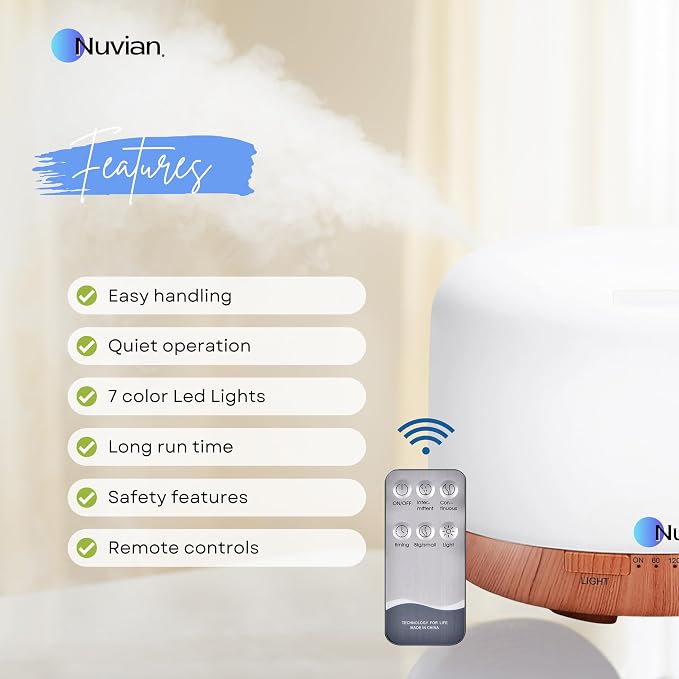NUVIAN 500ml Essential Oil Diffuser, 5 in 1 Premium Ultrasonic Aromatherapy Fragrant Oil Vaporizer Humidifier with Remote Control, 3 Timer and Auto-Off Safety Switch, 7 LED Light Colors