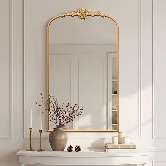 Besdomus Vintage Large Wall Mirror: 24"x42" French Arch Gold Vanity Mirrors | Antique Metal Framed Decorative - Baroque Traditional Ornate for Hallway/Bathroom/Fireplace - Ideal for Bathroom Renovations