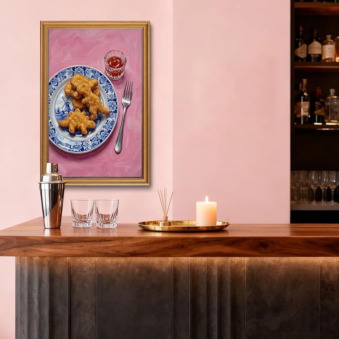 Vintage Whimsical Gold Framed Canvas Wall Art Funny Pop Food Wall Decor Art | Dino Chicken Nuggets Pictures Blue White Delft Canvas Art Pink Dopamine Small Framed Prints Artwork Shelf Bar Dining Gallery
