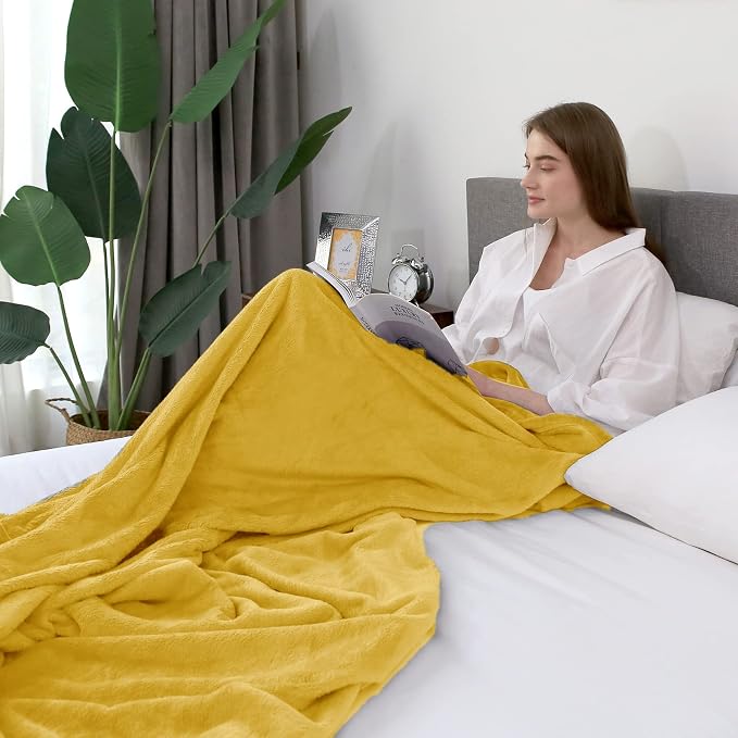 Hansleep Throw XL Yellow Fleece Blanket, Soft Flannel Bed Blanket | Fuzzy Cozy Blanket 50x70 Inches, Multi-use for Bed, Sofa, Couch, Travel, Camping, All Season Warm Lightweight Cover