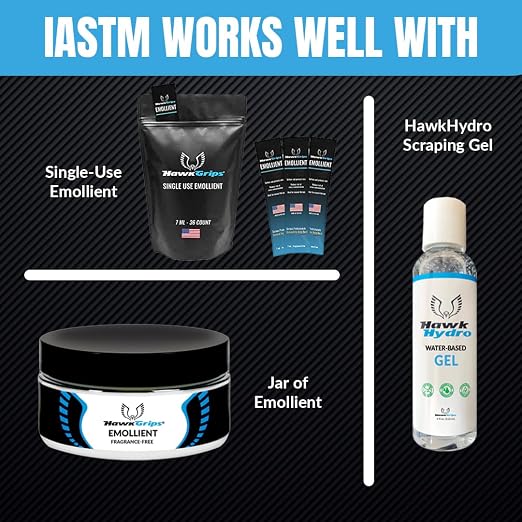 HawkGrips, Silver Massage Therapy Tool Set with Massage Therapy Fragrance-Free Emollient Cream 8oz, Stainless Steel, Includes All Six Small IASTM Tools (HG4-HG9), and Digital User Manual
