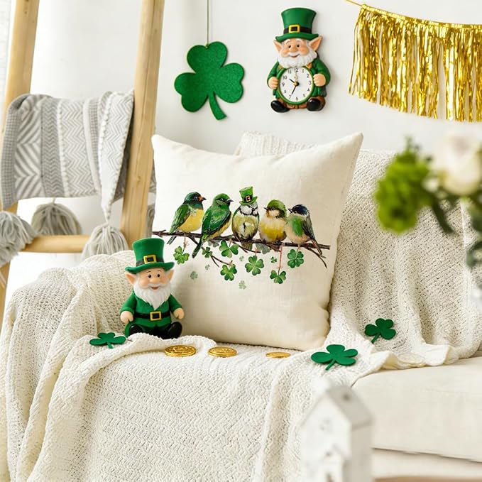 RABUSOFA St.Patricks Day Pillow Covers 18x18 Inch,Birds Shamrock Decorations Holiday Spring Decorative Pillow Case Decor for Sofa Couch Green
