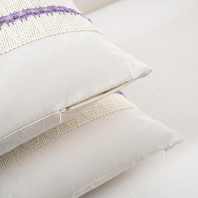 Fancy Homi Set of 1 Boho Lavender Lumbar Decorative Throw Pillow Cover 12x20 Inch for Couch Bed Sofa Chair, Modern Organic Farmhouse Home Decor, Soft Cotton Cute Accent Rectangle Cushion Case