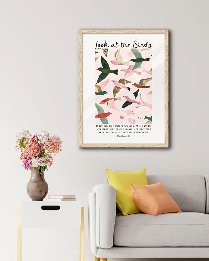 EcoHest 12x16 in Matthew 6:26 Look at the Birds Framed Christian Wall Art | Natural Oak Wood Frame with Canvas Wall Art, Scripture Bible Verse Wall Decor for Bedroom, Living Room, Office, Church, 1Pack