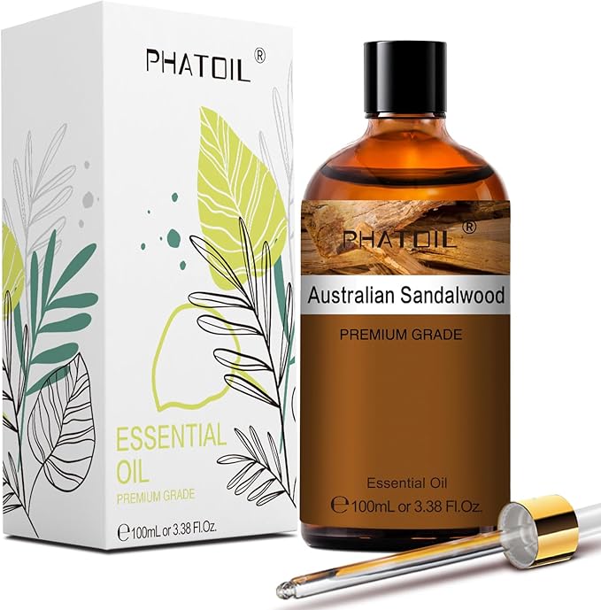 PHATOIL Australian Sandalwood Essential Oil, Pure Premium Natural Oil for Hair Care, Body Skin Care, Aromatherapy, DIY Candle, Soap Making 3.38Fl Oz