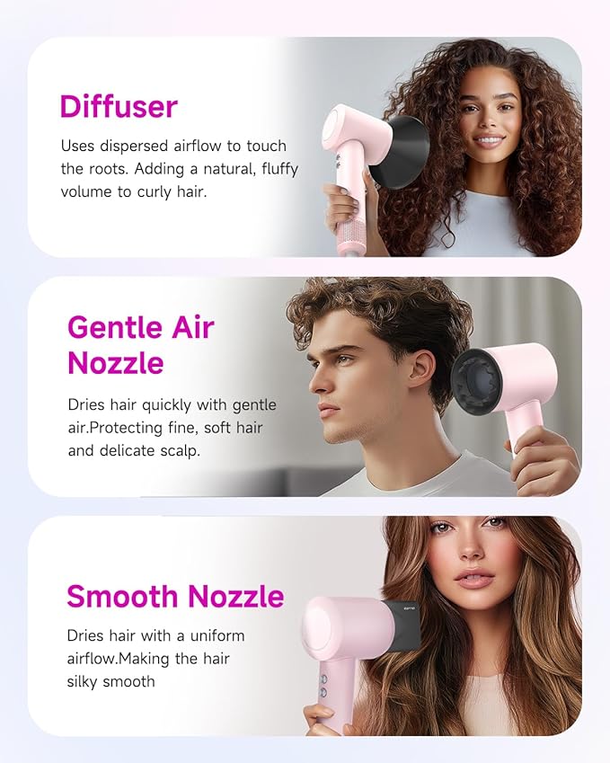 PLUZZ Ionic Hair Dryer with Diffuser, Professional High-Speed Blow Dryer for Women & Men, 110,000 RPM Brushless Motor Fast Drying & Low Noise, Thermo-Control, Lightweight for Travel/Home (Pink)