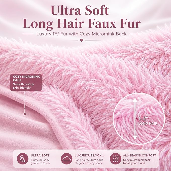 REAFORT Long Hair Faux Fur Euro Sham Cover 26"x26", Hidden Zipper (Pink) | Ultra-soft plush faux fur with a hidden zipper adds luxurious comfort and is machine washable for easy care.