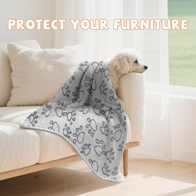 YUEPET 2 Pack Waterproof Dog Blankets, Washable Puppy Blankets 23 x 16 in | Grey Paw Print Pair, Reversible Fleece Throw, Heat-Reflective Mylar, Bed/Sofa/Car Protection, Small/Medium Dogs and Cats
