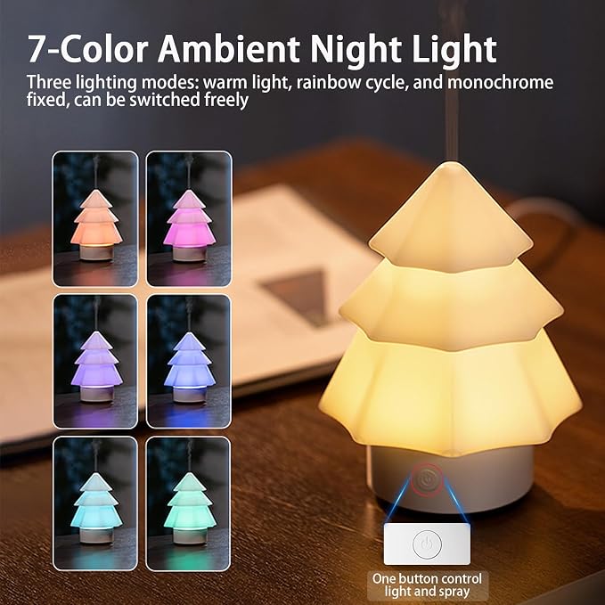 Christmas Tree Essential Oil Diffuser,Home Aromatherapy Machine with 7-Color LED Lights,120ml Ultrasonic Mist Humidifier,Water Shortage Power-Off Protection,Ideal Christmas Decoration&Gifts (White)