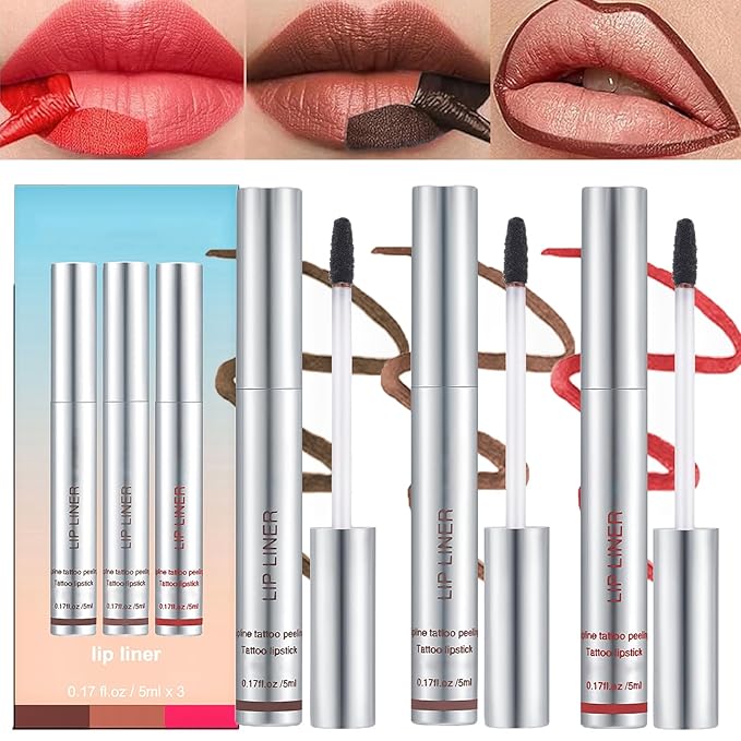 Dulele 3PCS Lip Liner Set, Peel Off Lip Liner Tattoo, Peel Off Lip Stain, Long Lasting Waterproof Lip Stain Peel Off, Transfer Proof Matte Finish Lip Gloss