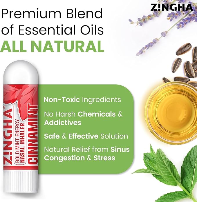 Z!NGHA Nasal Stick 4 Pack, Aromatherapy Nasal Inhaler for Sinus Relief & Nasal Congestion, Dual-Hole Essential Oil Inhaler for Focus, Breathing Support & Relaxation