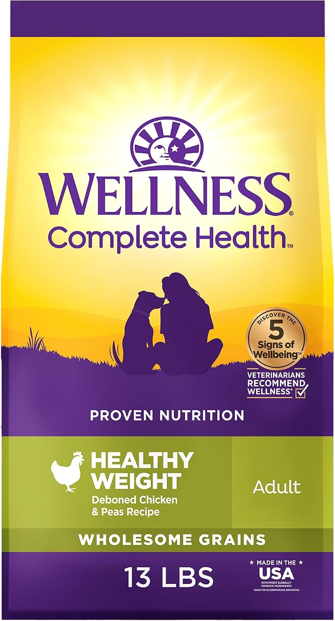 Wellness Complete Health Healthy Weight Adult Dry Dog Food, Wholesome Grain Kibble, Chicken and Peas Recipe, 13 lb Bag