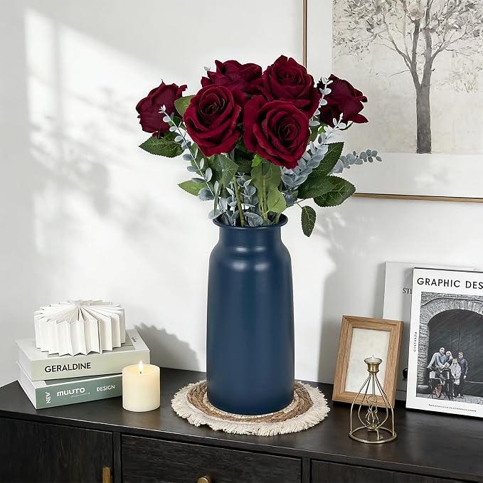 Deep Blue Seamless Metal Flower Vase, 10.8" Modern Flowerpot Minimalist Boho Home Rustic Centerpiece Farmhouse Retro Metallic Vases Decorative for Pampas Grass Bouquet, Anniversary Wedding Gift
