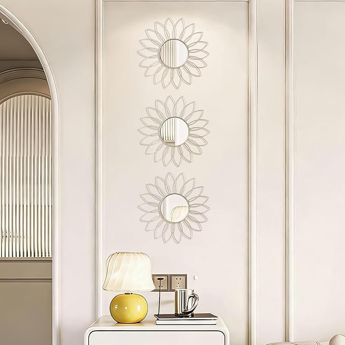 3 Pack Metal Mirrors for Wall Sunburst Wall Mirrors Home Décor Decorative Hanging Wall Art for Living Room Bedroom Entryway (Silver2, Flowers)
