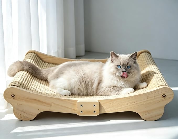 Large Sisal Cat Scratcher Bed Wooden Scratching Pad for Indoor Large Cats | 2-in-1 beech wood scratcher bed with thick woven sisal. Cats scratch & relax, large size shields furniture from scratches.