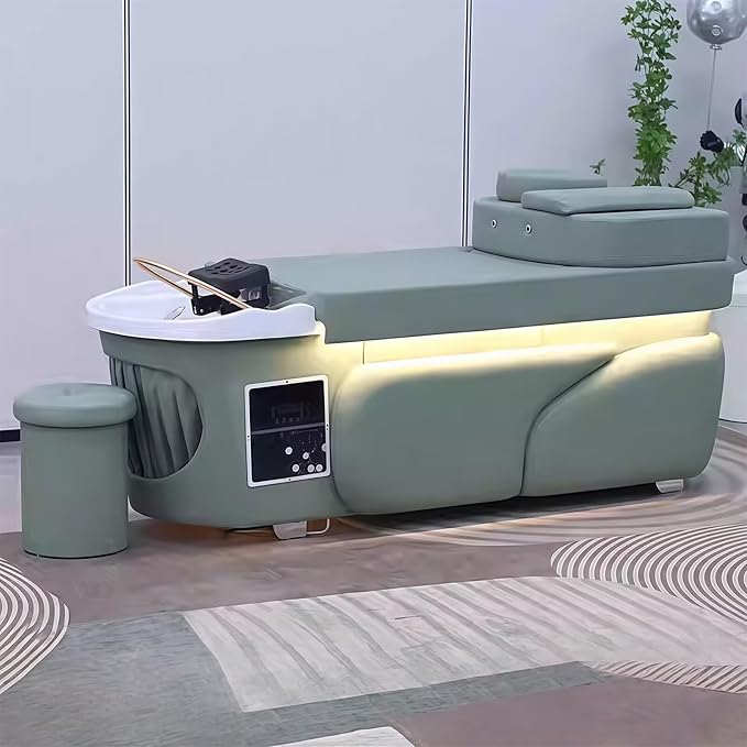 Head SPA Bed - Shampoo Bed with Sage Green Curved Sleek Style, Head SPA Equipment & Massage Table Includes Water Circulation, Ambient Light, with Stool